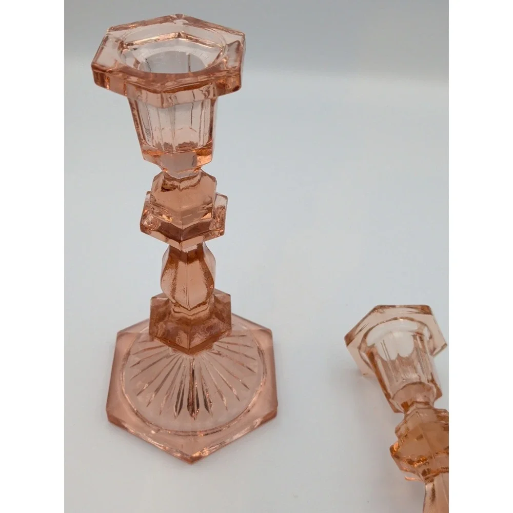 Pair of Vintage Deep Rose Pink Depression Glass Candlesticks, Beacon Hill 7.5